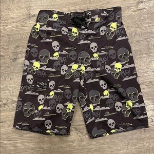 Ocean Current Boys Black Swim Trunks with Neon Yellow & Gray Skull Print